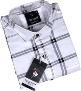 youth first Men Checkered Casual White, Black Shirt
