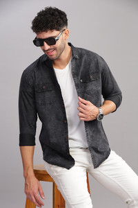 AIDAN PAUL Men Washed Casual Black Shirt