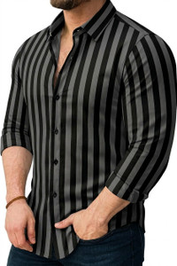 JACKBELLA Men Striped Casual Black, Grey Shirt