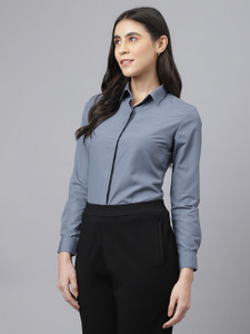 English Navy Women Self Design Formal Blue Shirt