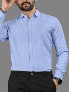 MILDIN Men Striped Formal Light Blue Shirt