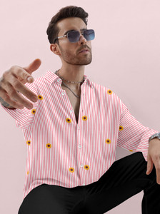 VD Looks Men Striped Casual Pink Shirt