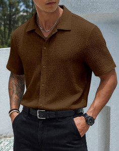 mozero Men Self Design Casual Brown Shirt