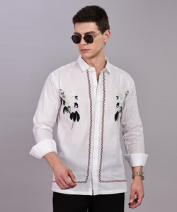 WOXEN Men Embroidered Casual White Shirt