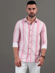 Indi Hemp Men Striped Casual Pink, White Shirt