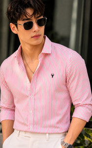 spela Men Pink, White Striped Casual Shirt - Image 4