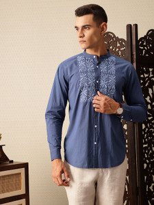 House of Pataudi Men Embroidered Casual Blue Shirt