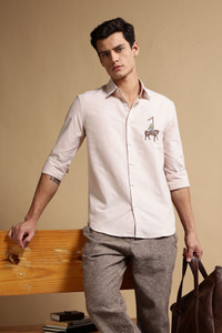 Eszett Men Embroidered Casual Beige Shirt