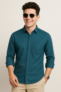 SOLSTICE Men Solid Casual Dark Green Shirt