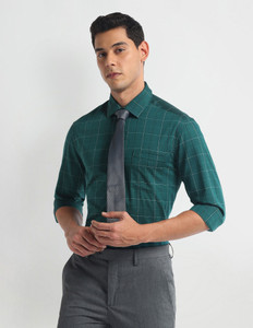 ARROW Men Checkered Formal Green Shirt