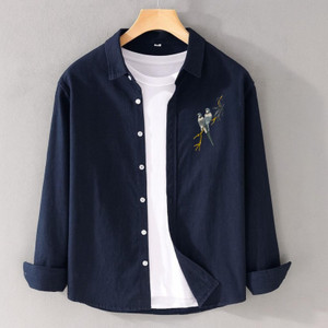 DLooK Designer Men Embroidered Dark Blue Shirt - Image 3