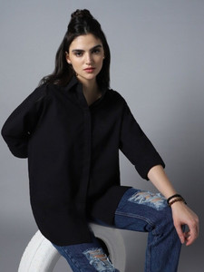 Fab Star Women Solid Casual Black Shirt
