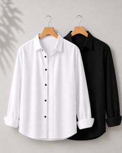 mozero Men Solid Casual Black, White Shirt - Image 5