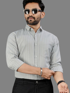 MILDIN Men Striped Formal Grey Shirt