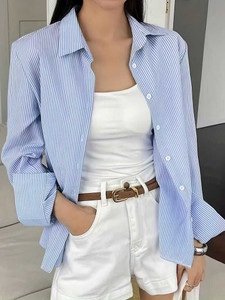 IKONIQ Women Striped Formal Light Blue, White Shirt
