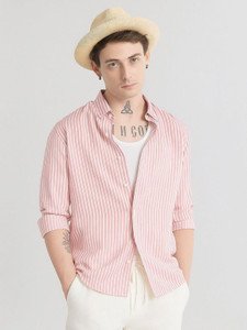 Mihit Lifestyle Men Striped Pink Shirt - Image 6