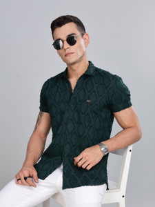 sti Men Self Design Casual Black Shirt