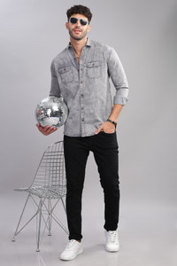 AIDAN PAUL Men Washed Casual Grey Shirt