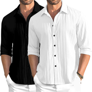 OXXOM Men Self Design Casual Black, White Shirt