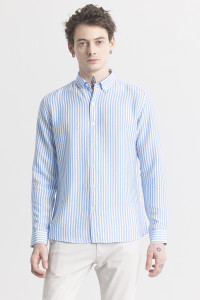 Snitch Men Striped Casual Blue Shirt