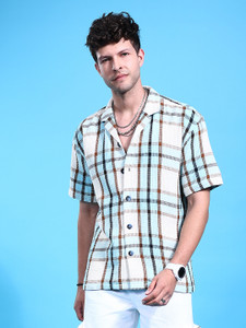 The Indian Garage Co. Men Checkered Beach Wear Cream Shirt