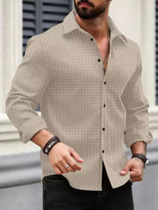 DIMMY Men Checkered Casual Beige Shirt