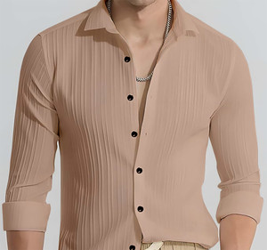 COMBRAIDED Men Striped Formal Khaki Shirt