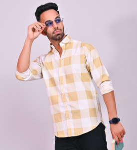 S-LINE Men Checkered Casual Yellow Shirt
