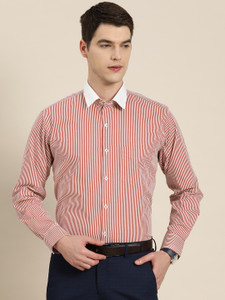 Hancock Men Striped Formal White, Red Shirt