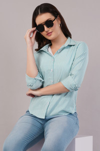 EVERSOFT FLOW Women Striped Casual Green Shirt