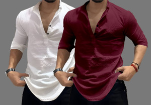 COMBRAIDED Men Self Design Casual White, Black Shirt