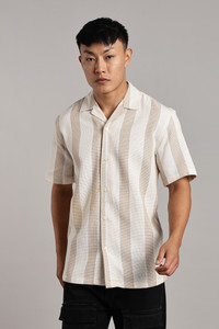 HAITCH Men Striped Casual Beige Shirt