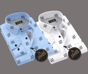 SHUBHFLAX Men Printed Casual Light Blue, White Shirt
