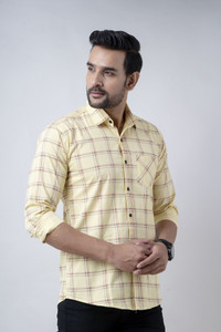 Vcom Men Checkered Casual Yellow Shirt