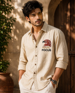 WUXI Men Embroidered Casual Beige Shirt - Image 5