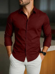 FATTY MOUSE Men Solid Casual Maroon Shirt