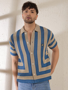 FUGAZEE Men Striped Casual Beige, Dark Blue Shirt