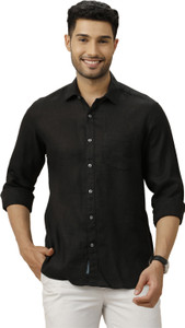 Linen Club Men Solid Casual Black Shirt