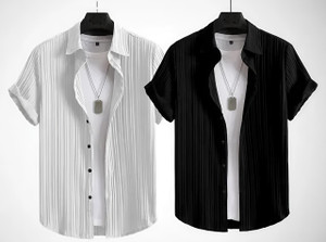 VRLOOKS Men Self Design Casual Black, White Shirt