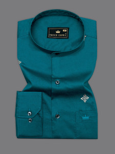 french crown Men Embroidered Casual Blue Shirt