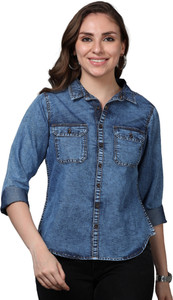 CAZZBA Women Washed Casual Blue, Gold Shirt