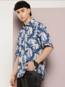 Roughster Men Printed Beach Wear White, Blue Shirt