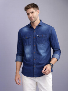 AIDAN PAUL Men Washed Casual Dark Blue Shirt