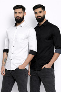 VIVESCO Men Solid Casual Black, White Shirt