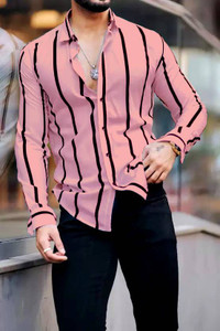 SMARTYFASHION Men Striped Casual Pink, Black Shirt
