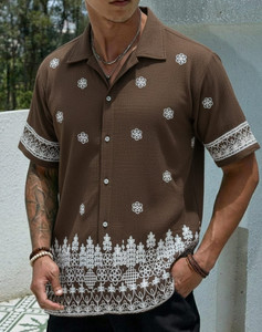 ELEANERMENS Men Embroidered Casual Brown Shirt