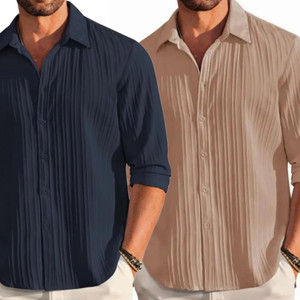 Helken Men Self Design Casual Beige, Dark Blue Shirt