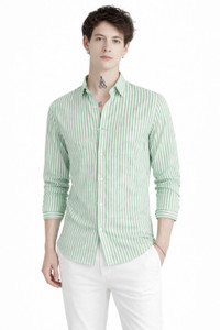 CAMBREEN Men Striped Casual Green, White Shirt