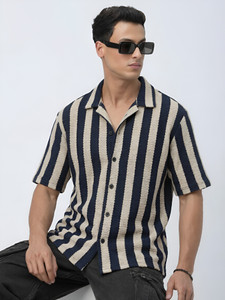FitAura Men Striped Casual Black, Beige Shirt