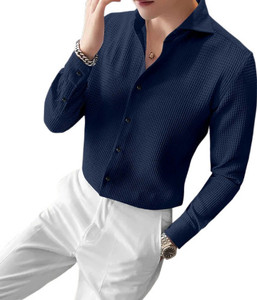 TorontoCN Men Self Design Formal Dark Blue Shirt
